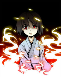 Rule 34 | 1girl, aged down, bad id, bad pixiv id, brown hair, child, female focus, fire, fujiwara no mokou, fujiwara no mokou (young), gradient background, japanese clothes, lowres, red eyes, solo, touhou, urin