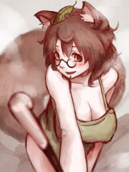 Rule 34 | 1girl, animal ears, bare arms, blush, bottomless, breasts, brown eyes, brown hair, cleavage, female focus, futatsuiwa mamizou, glasses, highres, hoshibuchi, large breasts, leaf, leaf on head, naked shirt, open mouth, pince-nez, smoking pipe, raccoon ears, raccoon tail, shirt, sleeveless, sleeveless shirt, smile, solo, tail, touhou