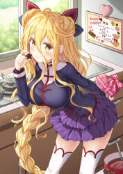 Rule 34 | 1girl, blonde hair, blush, breasts, chinese clothes, chocolate, date a live, frilled skirt, frills, hair between eyes, highres, hoshimiya mukuro, indoors, kitchen, large breasts, long hair, looking at viewer, purple skirt, skirt, smile, thighhighs, tsubasaki, valentine, very long hair, white thighhighs, window, yellow eyes