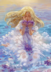 Rule 34 | 10s, 1girl, bad id, bad pixiv id, blonde hair, closed eyes, dress, floating hair, flower, holding, long hair, marnie (omoide no marnie), ocean, omoide no marnie, petals, poten, puffy short sleeves, puffy sleeves, ribbon, short sleeves, sitting, solo, sundress, wariza, water, wet, wet clothes, wet dress, white dress