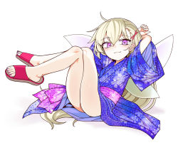 Rule 34 | 1girl, :3, arms behind head, blonde hair, blue kimono, blush, closed mouth, clownpiece, crossed legs, fairy wings, hair ornament, hairclip, highres, japanese clothes, kimono, long hair, looking at viewer, obi, pink sash, purple eyes, red footwear, sash, simple background, sitting, slippers, smile, smug, solo, touhou, very long hair, white background, wings, x hair ornament, yassy