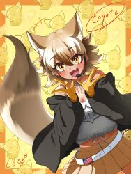 Rule 34 | 1girl, absurdres, animal ears, belt, black jacket, blonde hair, coyopotato, coyote (kemono friends), extra ears, gloves, highres, jacket, kemono friends, kemono friends v project, kuru one, looking at viewer, microphone, open mouth, shirt, short hair, skirt, smile, solo, tail, virtual youtuber, white shirt, wolf ears, wolf girl, wolf tail, yellow eyes