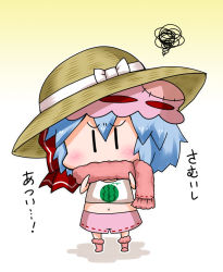 Rule 34 | 1girl, alternate costume, alternate headwear, bad id, bad pixiv id, blue hair, blush, bow, chibi, commentary request, covered mouth, food, fruit, hat, hat bow, midriff, mob cap, navel, noai nioshi, patch, red bow, remilia scarlet, scarf, short hair, shorts, socks, solo, squiggle, touhou, translated, watermelon, | |