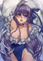 Rule 34 | 1girl, arms up, bare shoulders, blue eyes, blue one-piece swimsuit, blue ribbon, blush, breasts, choker, collarbone, covered navel, fate/grand order, fate (series), frills, hair between eyes, highleg, highleg swimsuit, highres, long hair, long sleeves, looking at viewer, meltryllis, meltryllis (fate), meltryllis (swimsuit lancer) (fate), meltryllis (swimsuit lancer) (second ascension) (fate), one-piece swimsuit, open mouth, puffy sleeves, purin uni, purple hair, ribbon, sleeves past fingers, sleeves past wrists, small breasts, solo, swimsuit, very long hair