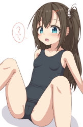 Rule 34 | 1girl, ?, absurdres, bare arms, bare shoulders, black hair, black one-piece swimsuit, blue eyes, blush, breasts, cameltoe, collarbone, commentary request, fang, feet out of frame, hair between eyes, hair ornament, hair scrunchie, hairclip, highres, knees up, long hair, looking at viewer, old school swimsuit, one-piece swimsuit, one side up, open mouth, original, school swimsuit, scrunchie, shadow, simple background, small breasts, solo, spoken question mark, spread legs, swimsuit, takasuma hiro, very long hair, white background, white scrunchie