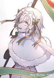 Rule 34 | 1girl, ahoge, christmas, elbow gloves, eyebrows hidden by hair, fate/grand order, fate (series), flag, gloves, hair ribbon, headpiece, highres, holding, holding flag, jeanne d&#039;arc (fate), jeanne d&#039;arc alter santa lily (fate), long hair, looking at viewer, looking back, open mouth, ribbon, santa costume, silver hair, simple background, smile, solo, tofu (bean359), white background, yellow eyes