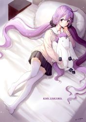 Rule 34 | 1girl, absurdres, ahoge, azur lane, bed sheet, blush, cardigan, cellphone, character name, chinese commentary, commentary request, conghua jiang, full body, hair ornament, hair scrunchie, highres, holding, holding phone, indoors, long hair, low twintails, lying, on bed, on side, phone, pillow, pleated skirt, purple eyes, purple hair, sailor collar, scrunchie, sidelocks, skirt, smartphone, solo, stuffed animal, stuffed toy, stuffed winged unicorn, sunlight, table, thighhighs, twintails, twitter username, typo, unicorn, unicorn (long-awaited date) (azur lane), unicorn (azur lane), very long hair, white thighhighs, x hair ornament