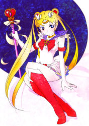 Rule 34 | 1990s (style), 1girl, absurdres, bishoujo senshi sailor moon, blonde hair, blue eyes, blue sailor collar, boots, bow, brooch, chiheisen soraruku, full body, heart, heart brooch, highres, jewelry, kaleidomoon scope, long hair, multicolored clothes, multicolored skirt, red bow, red footwear, retro artstyle, sailor collar, sailor moon, sitting, skirt, solo, spiral heart moon rod, super sailor moon, tsukino usagi, twintails