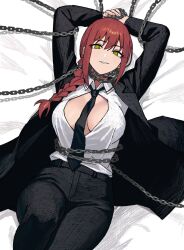 Rule 34 | 1girl, between breasts, black coat, black necktie, black pants, braid, braided ponytail, breasts, center opening, chained wrists, chainsaw man, coat, collared shirt, formal, highres, large breasts, looking at viewer, lying, makima (chainsaw man), medium hair, necktie, necktie between breasts, on back, pants, parted lips, red hair, restrained, ringed eyes, shirt, shirt tucked in, sidelocks, solo, suit, white shirt, yellow eyes, zeon (zzeeonn)