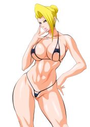 Rule 34 | 1girl, areola slip, bad id, bad pixiv id, bikini, black bikini, blonde hair, blue eyes, breasts, cameltoe, collarbone, contrapposto, covered erect nipples, curvy, earrings, fingernails, g-string, hair bun, hair over one eye, hair up, hand on own hip, jewelry, large breasts, lime (purple haze), long fingernails, mature (kof), micro bikini, nail polish, navel, nipples, open mouth, panties, partially visible vulva, pussy, sharp fingernails, short hair, simple background, single hair bun, skindentation, snk, solo, standing, swimsuit, the king of fighters, thighs, thong, uncensored, underboob, underwear, white background