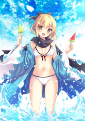Rule 34 | 1girl, :d, ahoge, aqua kimono, bare shoulders, black bow, black scarf, blonde hair, blush, bow, breasts, breasts apart, brown eyes, cloud, cloudy sky, commentary request, day, fate/grand order, fate (series), food, gluteal fold, hair bow, head tilt, holding, holding food, ikegami akane, japanese clothes, kimono, koha-ace, long sleeves, looking at viewer, medium hair, navel, off shoulder, okita souji (fate), okita souji (koha-ace), open clothes, open kimono, open mouth, outdoors, popsicle, scarf, short hair, short ponytail, sky, smile, solo, sparkle, splashing, standing, stomach, wading, water, wide sleeves