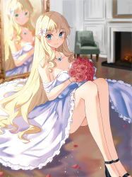 Rule 34 | 1girl, armchair, black footwear, blonde hair, blue eyes, blurry, blurry background, blush, bouquet, bow, breasts, chair, cleavage, closed mouth, collarbone, commentary request, depth of field, dress, fireplace, flower, frilled dress, frills, hair bow, highres, holding, holding bouquet, holmemee, jewelry, knees up, long hair, looking at viewer, medium breasts, necklace, off-shoulder dress, off shoulder, petals, pointy ears, princess connect!, red flower, red rose, rose, saren (princess connect!), shoes, sitting, smile, solo, very long hair, white bow, white dress