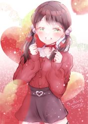 Rule 34 | 1girl, artist name, blouse, blush, bow, brown hair, brown skirt, casual, choker, collared shirt, commentary, cowboy shot, dot nose, double finger heart, far (farstudio), finger heart, green eyes, grin, hair ornament, hair over shoulder, heart, heart background, highres, long hair, long sleeves, looking at viewer, low twintails, multicolored background, original, peter pan collar, pom pom (clothes), pom pom hair ornament, red background, red choker, red ribbon, red shirt, ribbon, ribbon choker, romaji text, shirt, skirt, smile, solo, star (symbol), striped, striped bow, swept bangs, teeth, twintails, two-tone shirt, two side up, white background