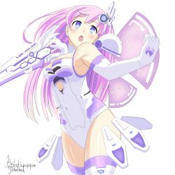 Rule 34 | 1girl, absurdres, blush, bodysuit, collar, gloves, grass, hair ornament, helvetica std, highres, holding, holding weapon, leotard, long hair, looking at viewer, nepgear, neptune (series), open mouth, pink hair, purple eyes, shoes, standing, sword, thighhighs, weapon, wings