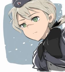 Rule 34 | 1girl, animal ears, blonde hair, coat, garrison cap, green eyes, hanna rudel, hat, military, military uniform, ponytail, ribbon, scar, scar on face, scar on nose, shiraba (sonomama futene), solo, strike witches, strike witches: suomus misfits squadron, uniform, world witches series