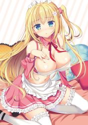 Rule 34 | 1girl, apron, bare shoulders, blonde hair, blue eyes, blush, breast suppress, breasts, cleavage, collarbone, covered erect nipples, detached collar, detached sleeves, flower, frilled pillow, frilled sleeves, frilled thighhighs, frills, hair flower, hair ornament, heart, heart-shaped pillow, highres, large breasts, long hair, looking at viewer, maid, maid apron, maid headdress, miniskirt, naruse mamoru, navel, neck ribbon, one side up, open mouth, original, parted lips, pillow, puffy sleeves, ribbon, sitting, skirt, solo, striped, striped background, thighhighs, very long hair, waist apron, white thighhighs, zettai ryouiki