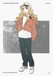 Rule 34 | 1girl, acubi tomaranai, artist logo, baseball cap, blonde hair, blue eyes, character name, closed mouth, copyright name, english text, fashion, full body, green pants, hand in pocket, hat, highres, idolmaster, idolmaster cinderella girls, jacket, long hair, new balance, ohtsuki yui, open clothes, open jacket, orange jacket, pants, product placement, shirt, shoes, sleeves past fingers, sleeves past wrists, sneakers, solo, standing, white footwear, white shirt