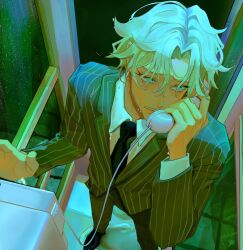 Rule 34 | 1boy, aqua eyes, aqua hair, black necktie, character request, check character, check copyright, collared shirt, copyright request, dottore (genshin impact), facing viewer, formal, genshin impact, green pants, green suit, highres, holding, holding phone, looking to the side, male focus, necktie, pants, phone, phone booth, pokipon, shirt, solo, suit, white shirt, window