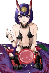 Rule 34 | 1girl, alcohol, ankle ribbon, bare shoulders, barefoot sandals (jewelry), bob cut, breasts, bridal gauntlets, collarbone, cup, eyeliner, fate/grand order, fate (series), headpiece, highres, horns, japanese clothes, kimono, leg ribbon, looking at viewer, makeup, nail polish, navel, oni, parted lips, petals, petals on liquid, purple eyes, purple hair, purple kimono, revealing clothes, ribbon, sailen0, sakazuki, sake, short hair, shuten douji (fate), simple background, sitting, skin-covered horns, small breasts, smile, unworn kimono, wariza, white background