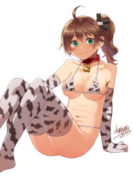 Rule 34 | 1girl, absurdres, ahoge, alternate breast size, animal print, arm support, bad id, bad twitter id, bare shoulders, bell, belt collar, bikini, blush, breasts, brown hair, chinese zodiac, closed mouth, collar, cow print, cow print bikini, cowbell, dated, elbow gloves, feet out of frame, gloves, green eyes, hair ribbon, highres, hololive, long hair, looking at viewer, medium breasts, micro bikini, mizuryu kei, natsuiro matsuri, navel, neck bell, one side up, print bikini, ribbon, signature, simple background, smile, solo, swimsuit, thighhighs, virtual youtuber, white background, white bikini, white gloves, white thighhighs, year of the ox