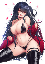 Rule 34 | 1girl, ahoge, azur lane, bare shoulders, bikini, black bikini, black choker, black hair, black thighhighs, blush, breasts, choker, cleavage, collarbone, crossed bangs, eyewear on head, highleg, highleg bikini, highres, jacket, large breasts, long hair, long sleeves, looking at viewer, multi-strapped bikini bottom, nakatama kyou, navel, off shoulder, official alternate costume, one side up, open clothes, open jacket, open mouth, red eyes, red jacket, smile, solo, sunglasses, swimsuit, taihou (azur lane), taihou (enraptured companion) (azur lane), thigh strap, thighhighs, thighs
