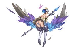 Rule 34 | 1girl, absurdres, armor, armored boots, armored dress, ass, back, black thighhighs, blue eyes, boots, choker, closed mouth, crown, dress, feathers, from behind, full body, fushe, grey hair, gwendolyn (odin sphere), head wings, highres, holding, holding polearm, holding spear, holding weapon, knee boots, layered dress, leg wings, looking at viewer, looking back, low wings, armored boots, miniskirt, multicolored wings, odin sphere, photoshop (medium), polearm, shiny skin, short hair, simple background, skirt, solo, spear, standing, thighhighs, thighhighs under boots, weapon, white background, white dress, wings, yellow neckwear