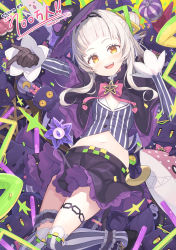 Rule 34 | 1girl, :d, black capelet, black footwear, black gloves, black hat, black shirt, black skirt, blouse, bow, brown eyes, capelet, crop top, crown, ghost, gloves, grey hair, hair bun, hand up, hat, head tilt, highres, hololive, long hair, long sleeves, looking at viewer, midriff, milestone celebration, mini crown, murasaki shion, murasaki shion (1st costume), navel, open mouth, outstretched arm, over-kneehighs, pink bow, romaji text, shiokko (murasaki shion), shirt, shoes, side bun, single hair bun, single side bun, skirt, smile, solo, spring onion, star (symbol), striped clothes, striped shirt, striped thighhighs, stuffed animal, stuffed fox, stuffed toy, tam-u, thighhighs, tilted headwear, vertical-striped clothes, vertical-striped shirt, vertical-striped thighhighs, virtual youtuber, witch hat