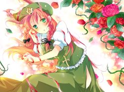 Rule 34 | 1girl, bad id, bad pixiv id, braid, breasts, embodiment of scarlet devil, female focus, flower, gradient background, hat, hong meiling, plant, red hair, ribbon, rose, skirt, solo, touhou, twin braids, white background, yatomi