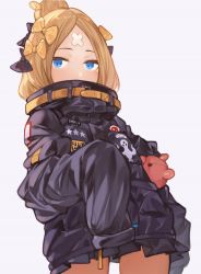 Rule 34 | abigail williams (fate), abigail williams (traveling outfit) (fate), bad id, bad twitter id, black bow, black jacket, blonde hair, blue eyes, bow, covered mouth, fate/grand order, fate (series), hair bun, hana mori, highres, jacket, long hair, official alternate costume, orange bow, parted bangs, polka dot, polka dot bow, single hair bun, sleeves past fingers, sleeves past wrists, solo