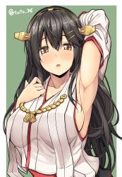 Rule 34 | 10s, 1girl, :o, arm up, armpits, black hair, blush, breasts, brown eyes, commentary request, detached sleeves, hair between eyes, hair ornament, hairband, hairclip, haruna (kancolle), headgear, highres, japanese clothes, kantai collection, large breasts, long hair, looking at viewer, nontraditional miko, ribbon-trimmed sleeves, ribbon trim, satou samu, siberia (sato 36), sideboob, solo, twitter username, upper body, wide sleeves