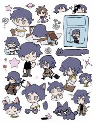 Rule 34 | animal ears, animal hands, animification, black shirt, blue hair, book, brown coat, brown hair, brown pants, capelet, cat, cat boy, cat ears, cat tail, chen zying, chibi, chinese commentary, clipboard, closed eyes, coat, collared shirt, commentary request, desk, flower, grey eyes, harada minoru, hatsutori hajime, headpat, heterochromia, highres, holding, holding clipboard, holding pen, holding suitcase, hood, hood down, hooded robe, ice, in container, in refrigerator, jitome, kemonomimi mode, lab coat, long sleeves, male focus, messy hair, multiple views, no mouth, no nose, open clothes, open coat, out of frame, pants, paper, pen, planet, purple robe, purple sweater, red eyes, red pants, refrigerator, robe, rose, saibou shinkyoku, sanpaku, shirt, short hair, simple background, spoilers, star (symbol), stole, suitcase, sweat, sweater, tail, turtleneck, turtleneck sweater, utsugi noriyuki, white background, white capelet, white flower, white rose, white shirt, writing, yellow eyes, yellow shirt