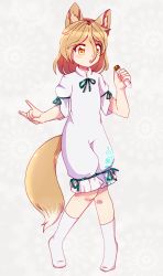 Rule 34 | 1girl, :o, absurdres, animal ear fluff, animal ears, arms up, blonde hair, blouse, calf socks, dungeon toaster, floral background, fox ears, fox girl, fox shadow puppet, fox tail, full body, grey background, hair between eyes, highres, holding, knees together feet apart, kudamaki tsukasa, leg ribbon, looking to the side, no shoes, onesie, ribbon, shirt, short hair, short sleeves, solo, standing, tail, thigh ribbon, touhou, vial, white legwear, white shirt, yellow eyes