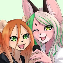 Rule 34 | 2girls, artist request, brown hair, furry, green eyes, highres, lion, lynx, microphone, multiple girls, open mouth
