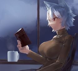 Rule 34 | 1girl, alternate costume, animal ear fluff, animal ears, bad id, bad pixiv id, book, breasts, brown sweater, chair, cloud, commentary request, contemporary, cup, hair between eyes, holding, holding book, indoors, inubashiri momiji, large breasts, long legs, mug, night, night sky, no headwear, red eyes, short hair, silver hair, sitting, sky, solo, steam, suminagashi, sweater, touhou, upper body, wolf ears