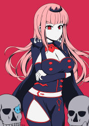 Rule 34 | 1girl, absurdres, arms under breasts, black dress, blunt bangs, breasts, cape, cleavage, cleavage cutout, clothing cutout, crossed arms, dated, dress, flaming eye, floating hair, highres, hololive, hololive english, large breasts, long hair, mori calliope, pink hair, red background, red eyes, sans (undertale), skull, solo, spikes, thighhighs, undertale, v-shaped eyebrows, vanillafox2035, virtual youtuber
