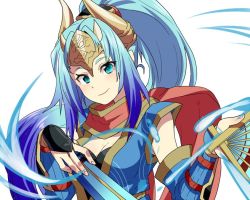 Rule 34 | 1girl, aqua eyes, aqua hair, bad id, bad pixiv id, blue hair, blush, breasts, bridal gauntlets, cleavage, folding fan, hand fan, hatsume (p&amp;d), headpiece, horns, japanese clothes, long hair, looking at viewer, ponytail, puzzle &amp; dragons, scarf, simple background, smile, solo, vambraces, very long hair, white background, yamanashi taiki