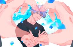 Rule 34 | 2boys, absurdres, black shirt, blue background, blue eyes, blurry, closed mouth, crossed arms, dated, depth of field, fushiguro megumi, gojou satoru, head out of frame, heart, heart hands, highres, jujutsu kaisen, looking at viewer, male focus, multiple boys, muscular, muscular male, petals, scallopojisan, shirt, short sleeves, smile, twitter username, two-tone background, upper body, white background, white hair, yaoi