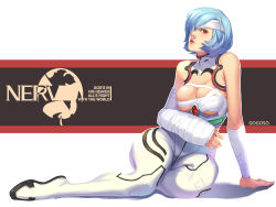 Rule 34 | 1girl, ayanami rei, bandages, blue hair, breasts, gogoso, large breasts, lips, neon genesis evangelion, nerv, plugsuit, red eyes, sitting, solo, wide hips