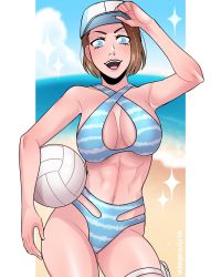 Rule 34 | 1girl, abs, ball, beach, bikini, blue eyes, blush, breasts, brown hair, cleavage, dangerousbride, hat, highres, jill valentine, large breasts, looking at viewer, muscular, muscular female, navel, resident evil, resident evil 3, resident evil 3: nemesis, resident evil 3 (remake), short hair, smile, solo, swimsuit