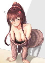 Rule 34 | 1girl, adapted costume, bent over, black bra, bra, breasts, brown eyes, brown hair, brown sweater, cherry blossoms, collarbone, flower, hair flower, hair intakes, hair ornament, high ponytail, highres, jewelry, kantai collection, large breasts, long hair, long sleeves, official alternate costume, panties, rekka yamato, ring, sidelocks, solo, sweater, underwear, very long hair, wedding band, white panties, yamato (kancolle)