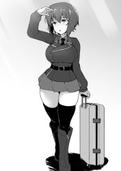 Rule 34 | 1girl, arm up, belt, boots, breasts, briefcase, commentary, dress shirt, epaulettes, full body, girls und panzer, greyscale, highres, jacket, knee boots, large breasts, long sleeves, looking to the side, military, military uniform, miniskirt, monochrome, necktie, niedersachsen military uniform, nishizumi maho, open mouth, pleated skirt, shading eyes, shadow, shanaharuhi, shirt, short hair, skindentation, skirt, solo, thighhighs, thighs, uniform, wing collar, zipper