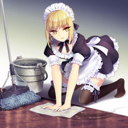 Rule 34 | 1girl, all fours, apron, artoria pendragon (all), artoria pendragon (fate), black thighhighs, blonde hair, bucket, detached collar, fate/stay night, fate (series), looking at viewer, maid, maid apron, maid headdress, mop, no shoes, official alternate costume, saber (fate), saber alter, short hair, solo, thighhighs, waist apron, wash cloth, water, yellow eyes, yeruen