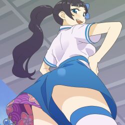 Rule 34 | 1girl, aoi ch., ass, backboob, black hair, blue eyes, blue shorts, blush, breasts, cowboy shot, embarrassed, from behind, from below, fuji aoi, furrowed brow, hands on own hips, highres, hip vent, long hair, looking at viewer, looking back, looking down, magari (c0rn3r), open mouth, ponytail, shirt, short sleeves, shorts, smile, solo, standing, thighhighs, upshorts, virtual youtuber, white shirt, white thighhighs