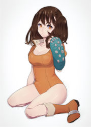 Rule 34 | 10s, 1girl, :/, alternate eye color, black hair, blush, bodysuit, boots, breasts, brown eyes, brown hair, cleavage, collarbone, diane (nanatsu no taizai), fingerless gloves, from side, frown, full body, gauntlets, gloves, hand in own hair, high collar, highres, knee boots, large breasts, leotard, long hair, looking at viewer, nanatsu no taizai, orange eyes, shiny skin, short hair, short twintails, single glove, sitting, solo, twintails, utatane (marimo 1005), wariza, wide hips