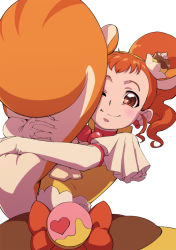 Rule 34 | 10s, 1girl, ;), animal ears, arisugawa himari, blush, brown eyes, brown hair, cake hair ornament, choker, closed mouth, cure custard, elbow gloves, food-themed hair ornament, gloves, hair ornament, hugging own tail, hugging tail, kirakira precure a la mode, looking at viewer, magical girl, one eye closed, precure, red choker, short hair, simple background, smile, solo, squirrel ears, squirrel tail, tail, uyoshi, white background, white gloves