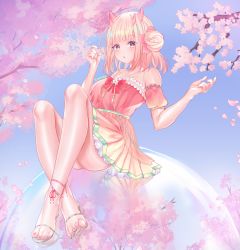 Rule 34 | 1girl, absurdres, bare shoulders, blunt bangs, bob cut, bow, bubble, cherry blossoms, dress, feet, flower, frills, hair flower, hair ornament, highres, horns, jewelry, long hair, looking at viewer, nail polish, necklace, original, pink dress, pink flower, pink hair, pink nails, red bow, shiiyou, sitting, solo, strappy heels, toes, virtual youtuber
