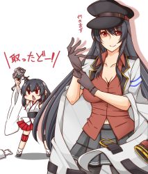 Rule 34 | 1boy, 2girls, admiral (kancolle), belt, belt buckle, black gloves, black hair, black hat, breasts, buckle, camera, cleavage, collarbone, cosplay, epaulettes, fusou (kancolle), gangut (kancolle), gangut (kancolle) (cosplay), gloves, grey skirt, hat, jacket, japanese clothes, kantai collection, kuon (nokokopopo), large breasts, long hair, long sleeves, looking at viewer, miko, military, military uniform, miniskirt, multiple girls, navel, open clothes, open jacket, pantyhose, peaked cap, pleated skirt, red eyes, red shirt, shirt, short hair, short sleeves, skirt, smile, uniform, white gloves, white jacket, yamashiro (kancolle)