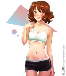 Rule 34 | 10s, 1girl, blush, breasts, brown eyes, brown hair, cleavage, collarbone, commentary, english commentary, hibike! euphonium, highres, mleth, navel, open mouth, oumae kumiko, petite, shoal, short shorts, shorts, small breasts, solo, sports bra, standing, stomach, watermark, wavy hair, web address, white background