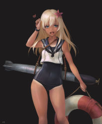 Rule 34 | 1girl, bad id, bad pixiv id, black background, black one-piece swimsuit, black sailor collar, blonde hair, blue eyes, bracelet, commentary, contrapposto, covered navel, crop top, feet out of frame, flower, g-tz, hair flower, hair ornament, highres, jewelry, kantai collection, lifebuoy, long hair, one-piece swimsuit, one-piece tan, open mouth, ro-500 (kancolle), sailor collar, school swimsuit, school uniform, serafuku, simple background, solo, swim ring, swimsuit, swimsuit under clothes, tan, tanline, torpedo