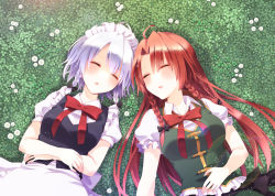Rule 34 | 2girls, apron, blue dress, chinese clothes, chitose (usacan), crossed arms, dress, grass, hair between eyes, hong meiling, izayoi sakuya, long hair, lying, maid, maid apron, maid headdress, multiple girls, on back, parted bangs, parted lips, puffy short sleeves, puffy sleeves, red hair, shirt, short hair, short sleeves, silver hair, sketch, sleeping, tangzhuang, touhou, white shirt